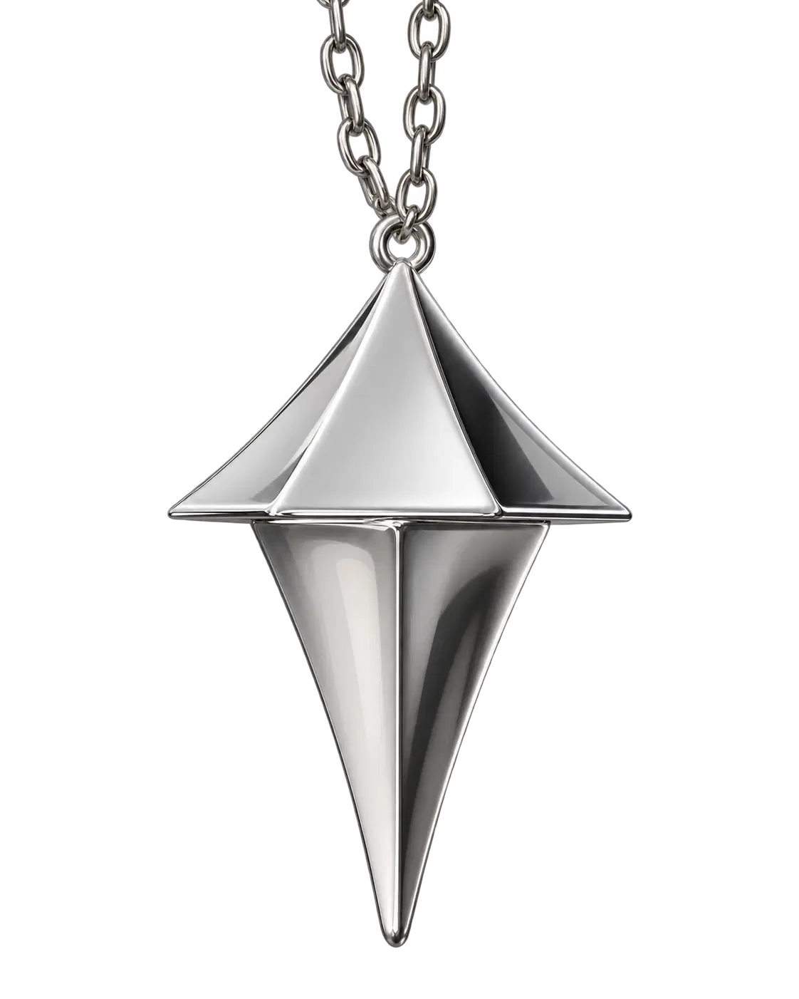 Generated product visualization of the sculpted silver Glimmers pendant on its oval-link necklace, with the lower half quarter-turned.