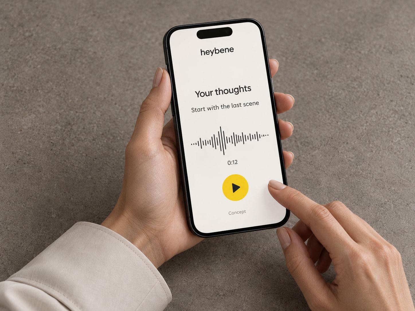 Illustration of the planned heybene Agent: a voice note on a phone held over warm-grey stone
