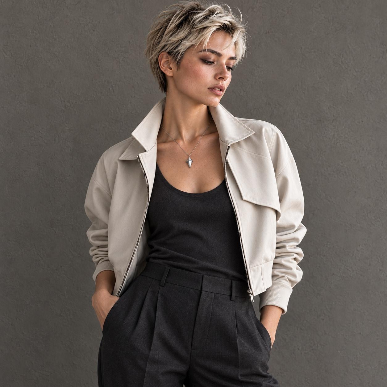 Concept photograph of Glimmers worn naturally with a tailored stone jacket against a continuous warm-grey background
