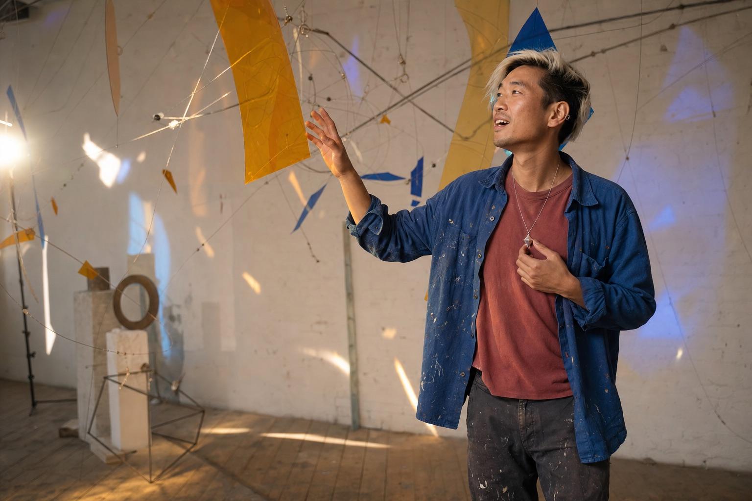 Kinetic light artist capturing a new installation idea with the STEP-scale, geometry-correct titanium Glimmer pendant