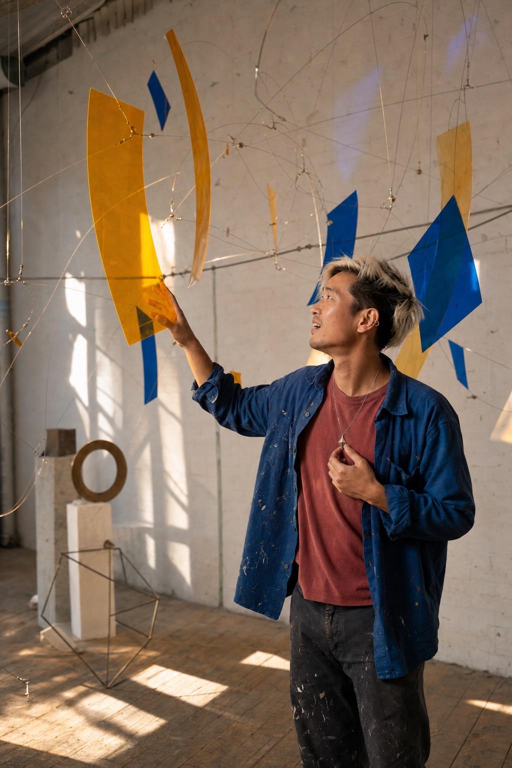 Kinetic light artist capturing a new installation idea with the STEP-scale, geometry-correct titanium Glimmer pendant