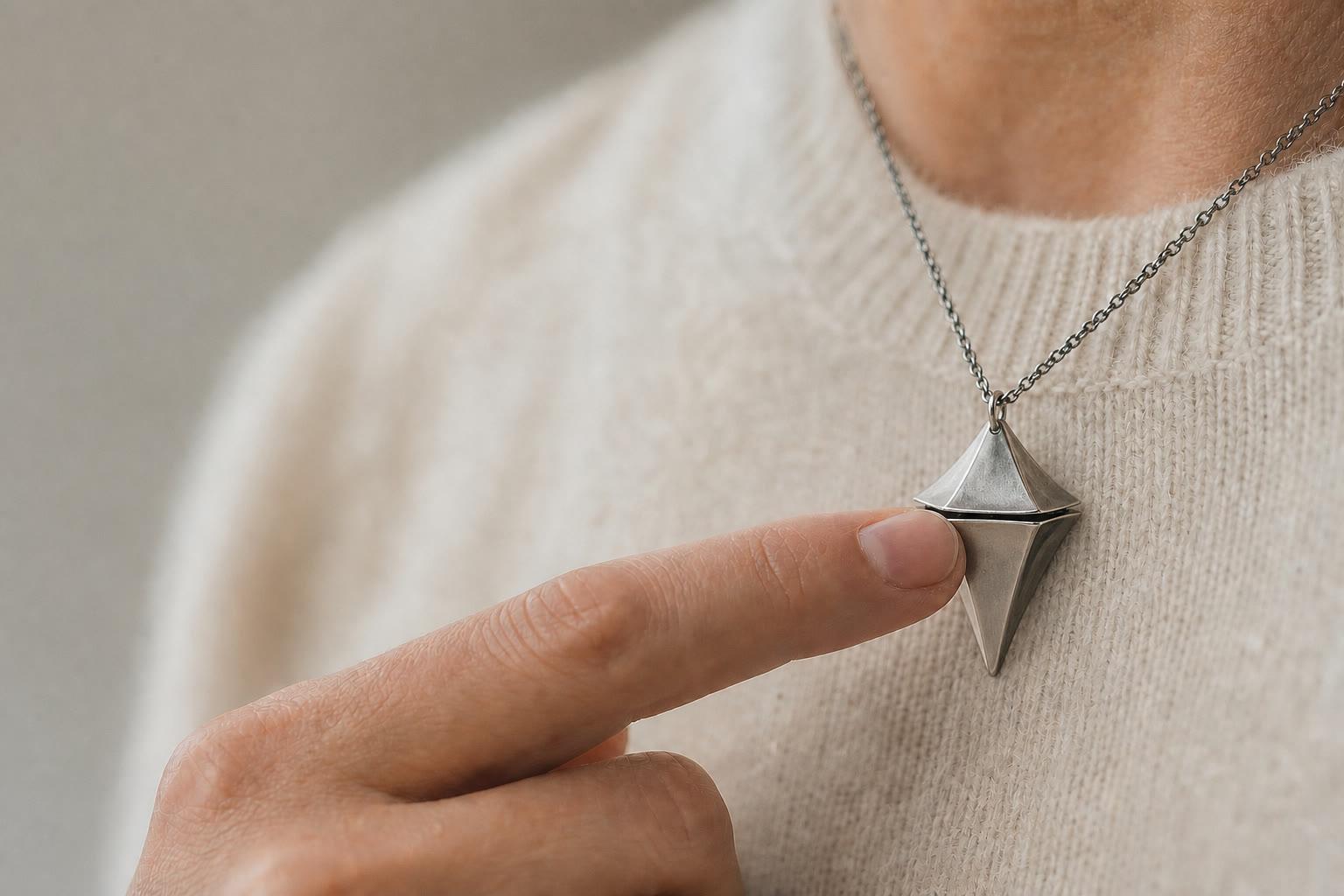 Concept close-up of one deliberate touch on the geometry-correct titanium Glimmer pendant